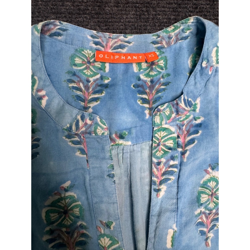 Oliphant Roll Sleeve Blue Floral Print Cotton Tiered Dress Womens XS Boho Chic - Picture 2 of 7